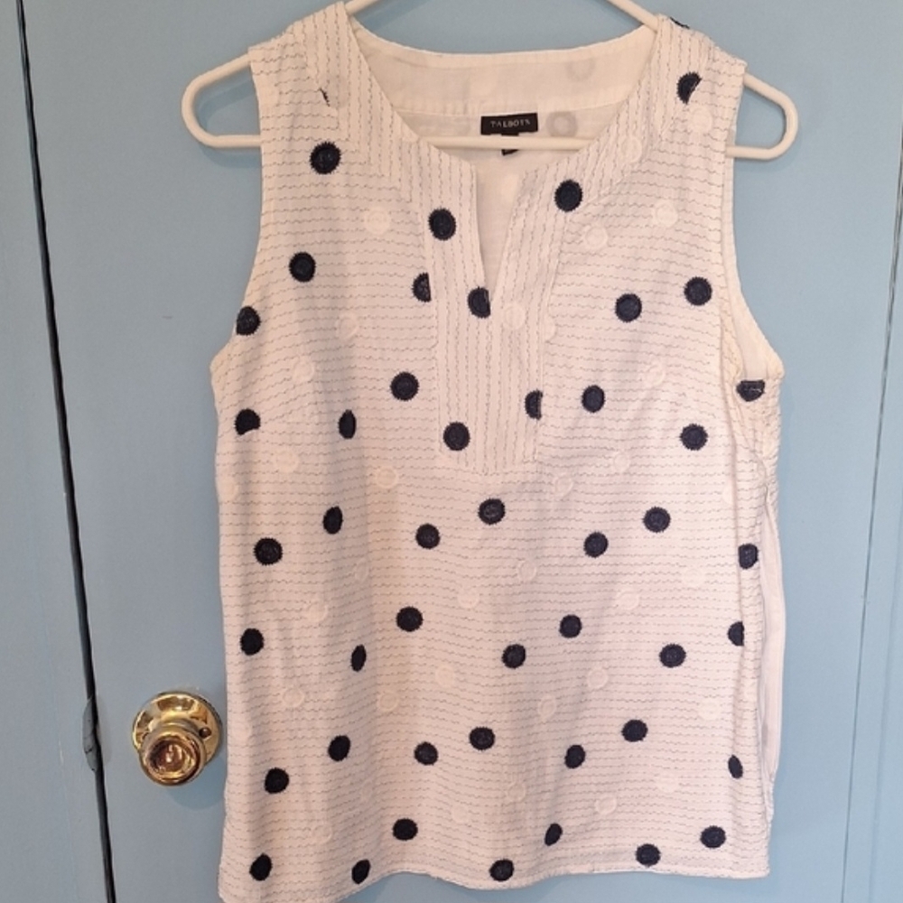 Talbots White and Navy Polka Dot Blouse